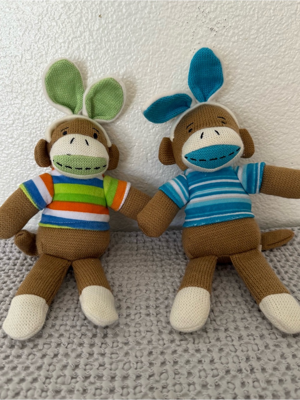 SOCK MONKEY Striped Knit Plush Duo - Green & Blue Accents